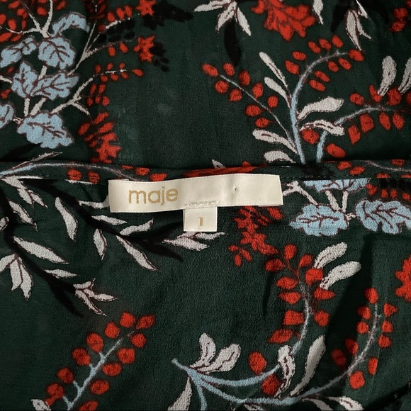 Maje Paris Lo Fleur Crepe Georgette Top Green Floral Sheer Smocked Blouse - Picture 6 of 10